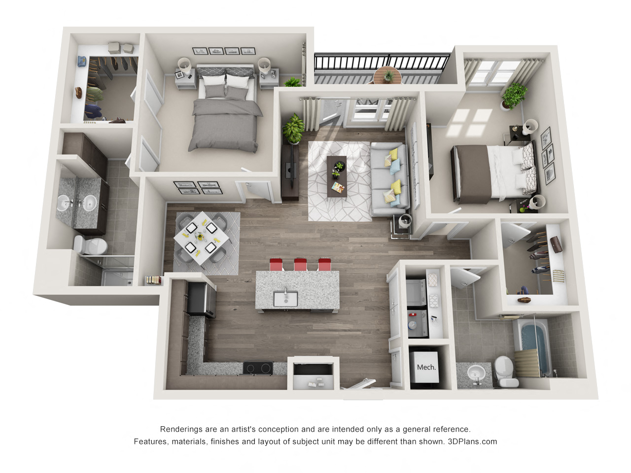 Floor plan for 2 beds, 2 baths, 1115 sqft